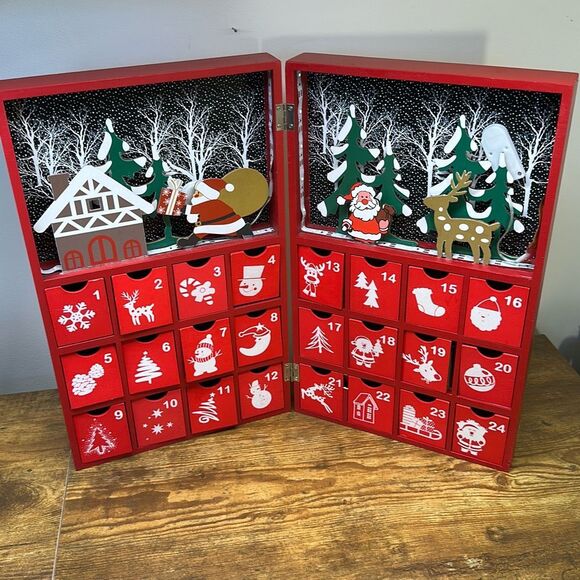 Red Wooden Advent Calendar with 24 Drawers and Lights with Christmas Scene - Picture 1 of 10